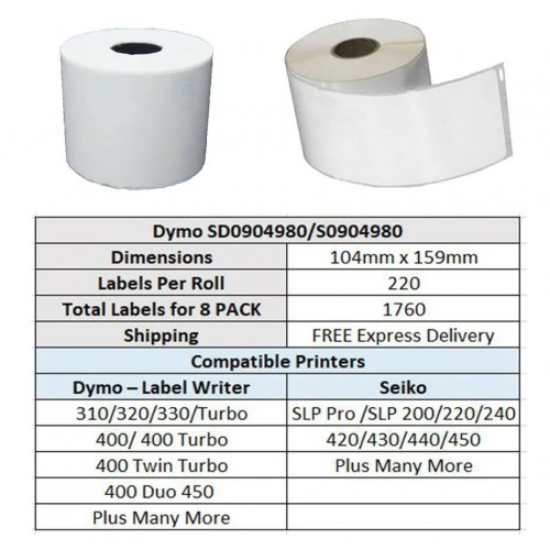 Dymo #0904980 / S0904980 labelwriter 4XL 104X159MM extra large shipping label Dymo #0904980 / S0904980 labelwriter 4XL 104X159MM extra large shipping label